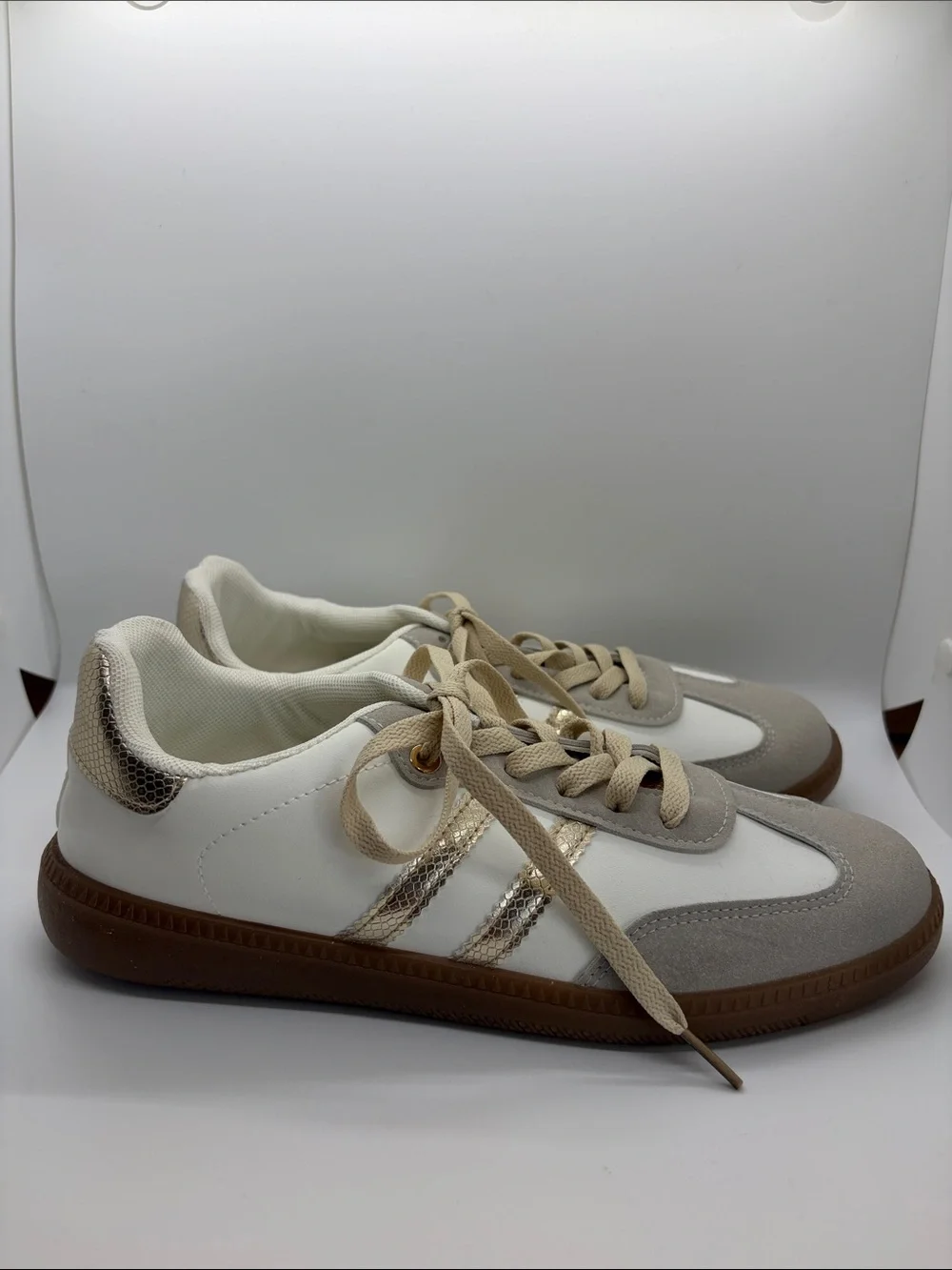 Women's White and Taupe Sneakers with Gold Metallic Accents 11